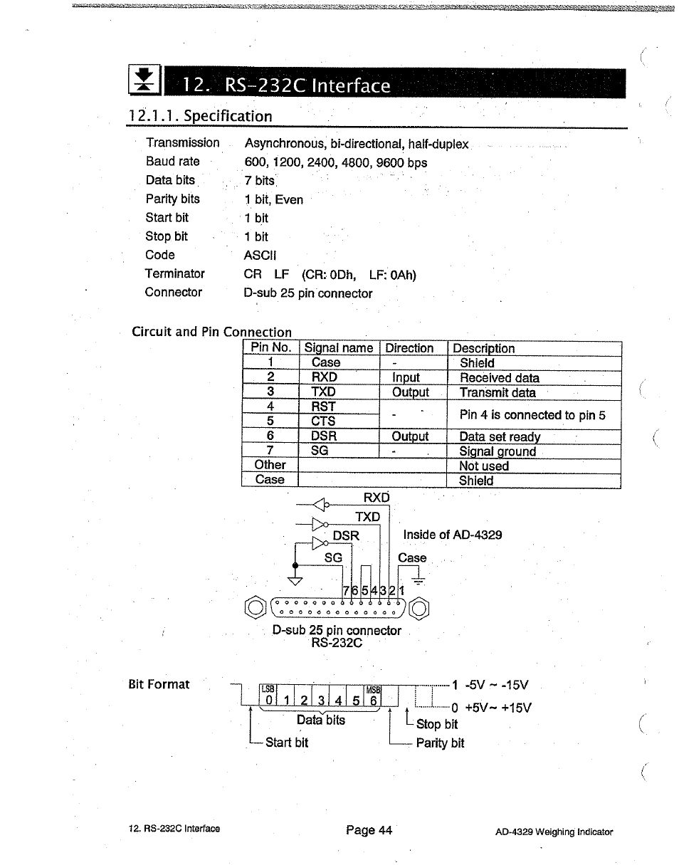 Rs-232c interface, Specification | A&D Weighing Indicator AD-4329 User Manual | Page 46 / 56