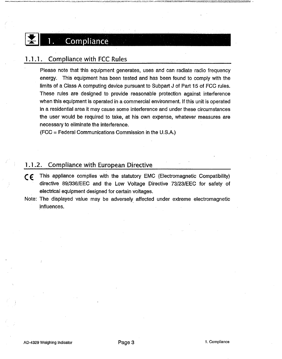 Compliance, Compliance with fcc rules, Compliance with european directive | A&D Weighing Indicator AD-4329 User Manual | Page 5 / 56