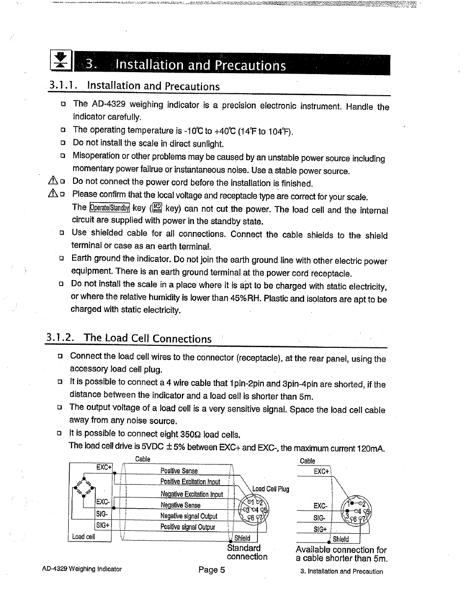Installation and precautions, Зл .1. instailation and precautions, The load cell connections | The load ceil connections, Cable, Cable exc+ exc- sig- s1g+ load ceii | A&D Weighing Indicator AD-4329 User Manual | Page 7 / 56