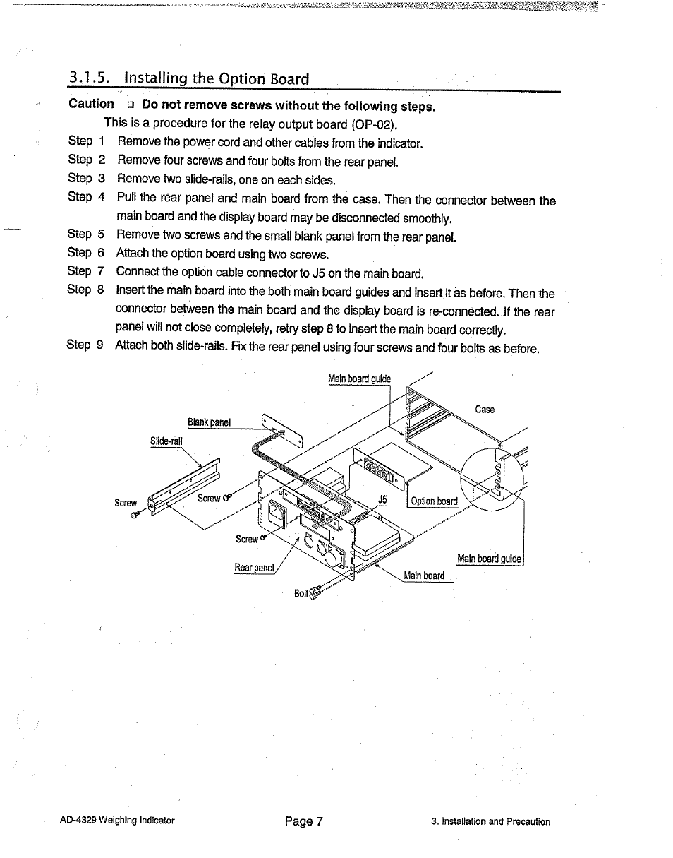3,1,5, installing the option board, Installing the option board | A&D Weighing Indicator AD-4329 User Manual | Page 9 / 56