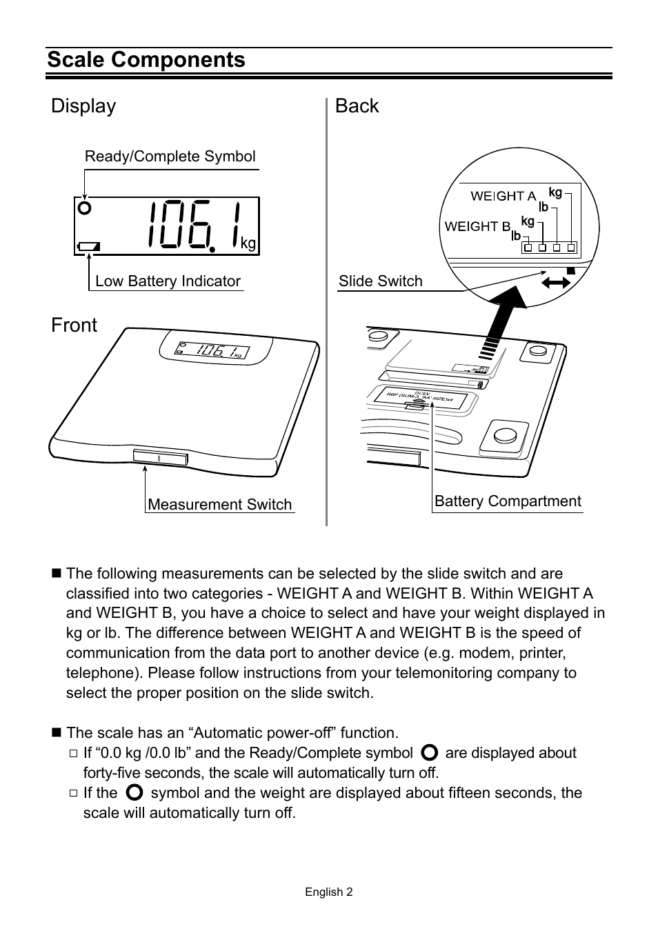 Scale components, Display back, Front | A&D UC-321PBT User Manual | Page 3 / 9
