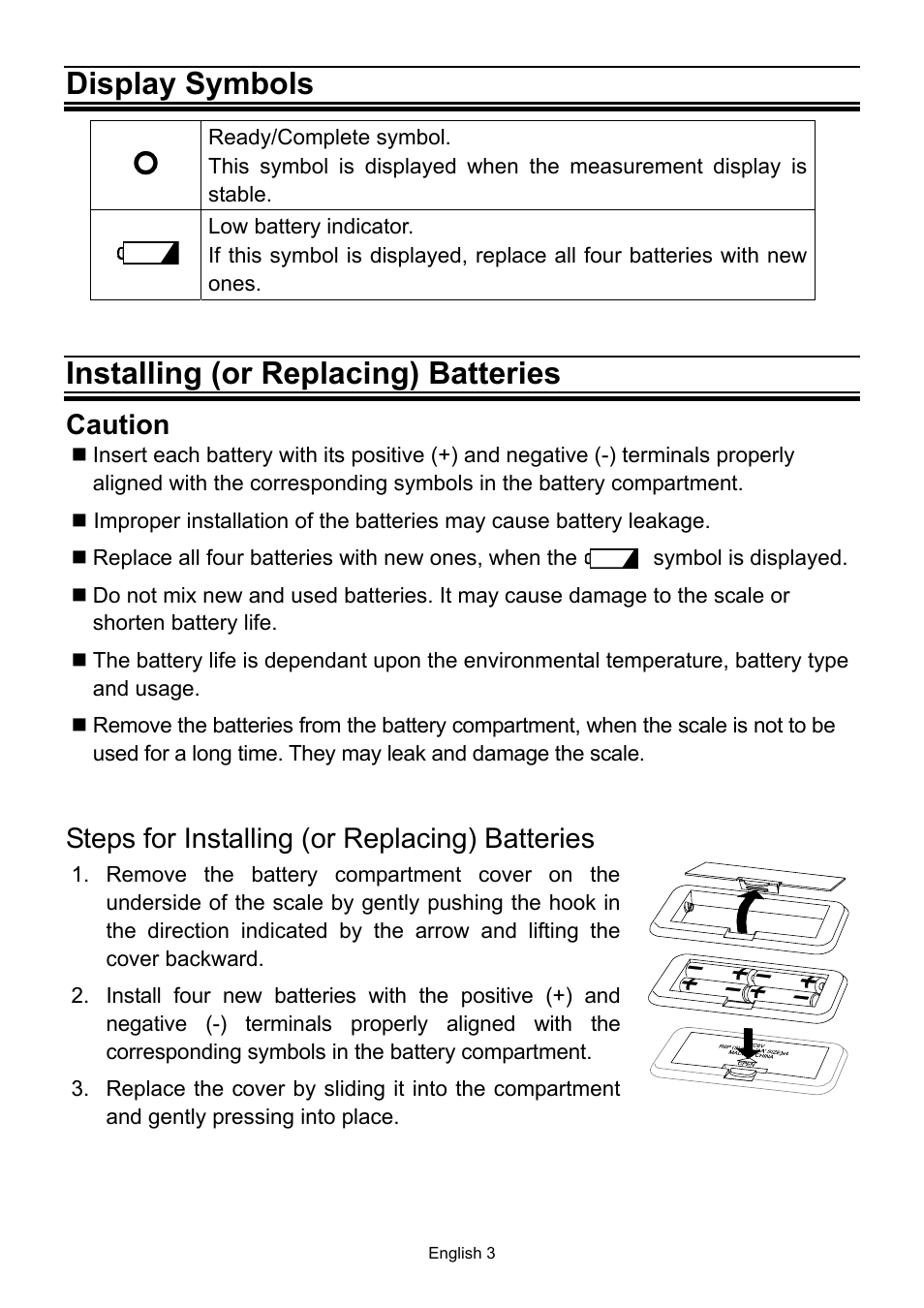 Display symbols, Installing (or replacing) batteries, Caution | Steps for installing (or replacing) batteries | A&D UC-321PBT User Manual | Page 4 / 9