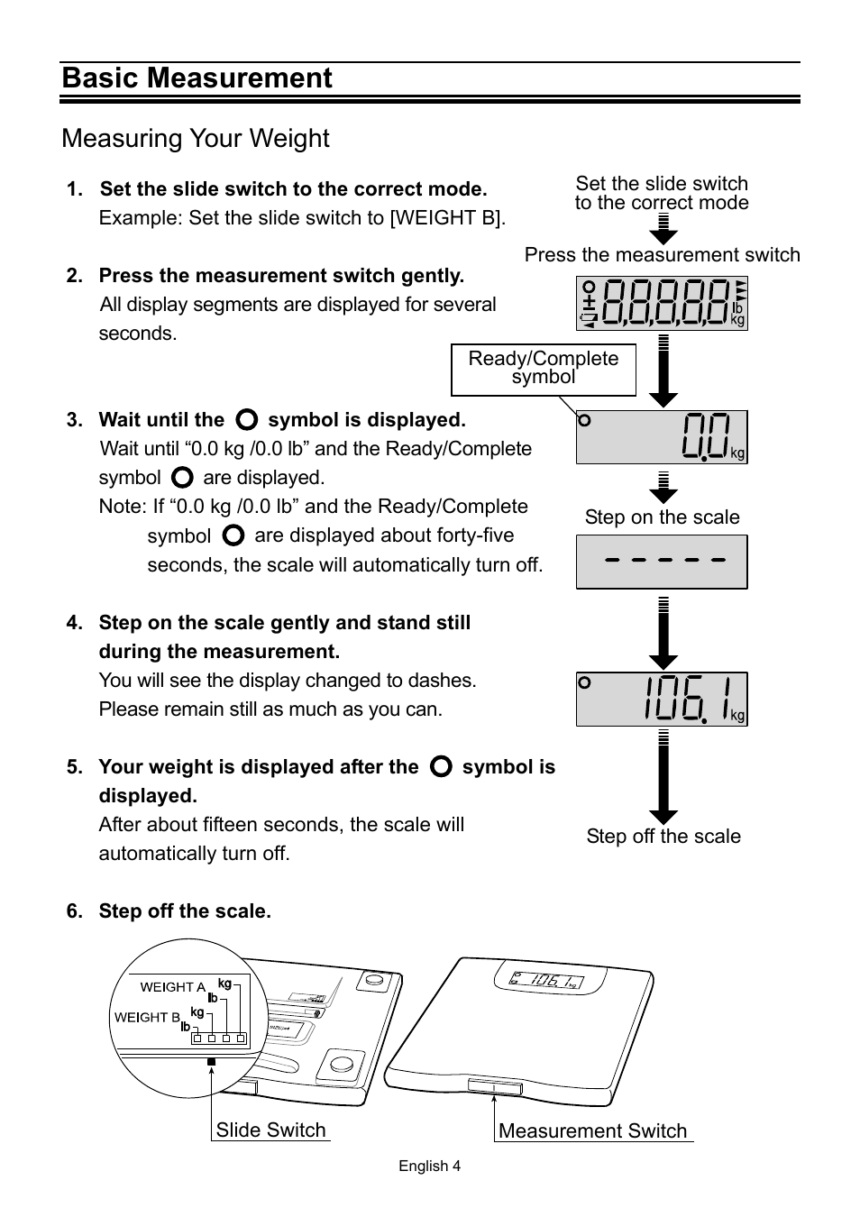 Basic measurement, Measuring your weight | A&D UC-321PBT User Manual | Page 5 / 9