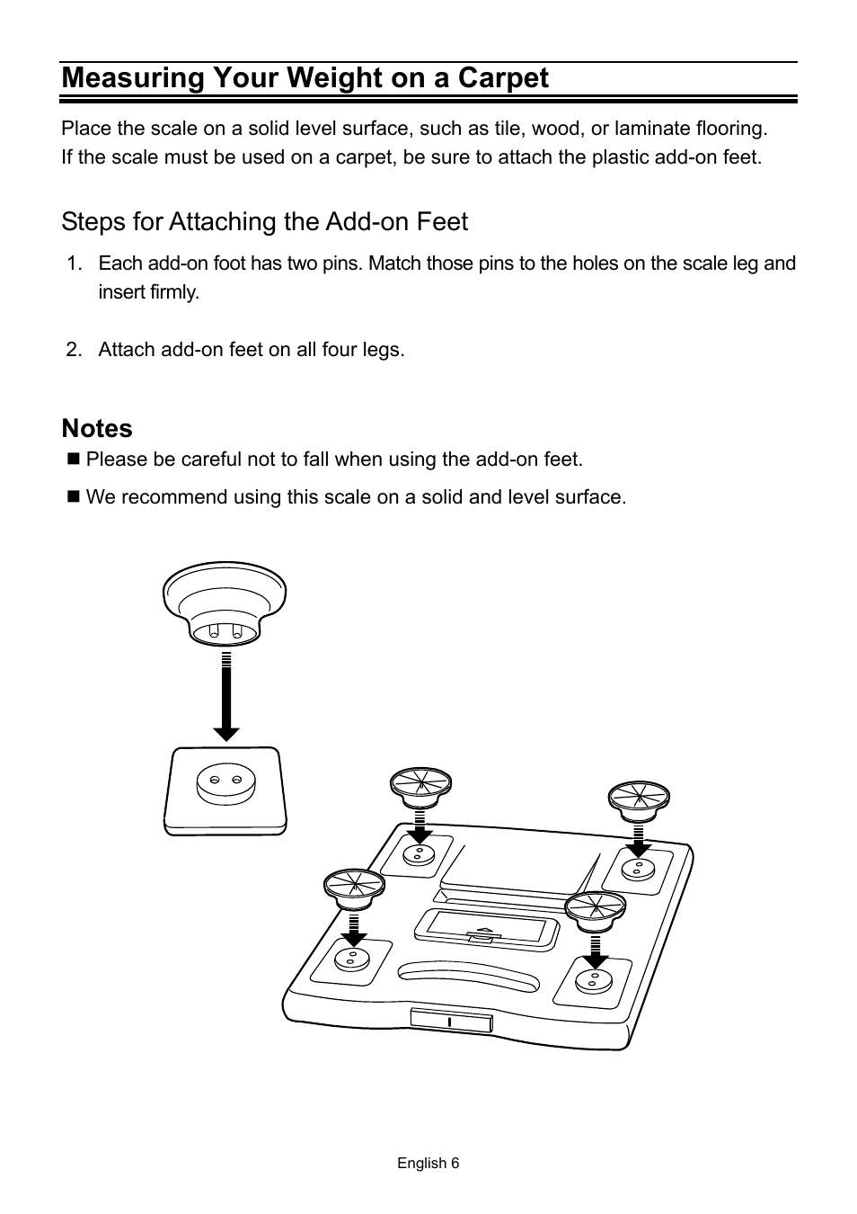 Measuring your weight on a carpet, Steps for attaching the add-on feet | A&D UC-321PBT User Manual | Page 7 / 9