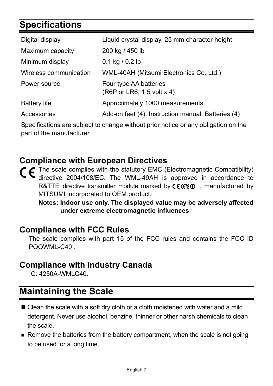 Specifications, Maintaining the scale, Compliance with european directives | Compliance with fcc rules, Compliance with industry canada | A&D UC-321PBT User Manual | Page 8 / 9