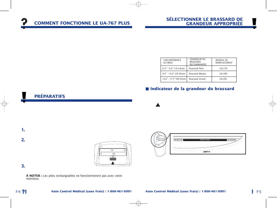 Comment fonctionne le ua-767 plus, Préparatifs, Sélectionner le brassard de grandeur appropriée | Ind ex | A&D Life Source Blood Pressure Monitor UA-767 Plus User Manual | Page 18 / 43
