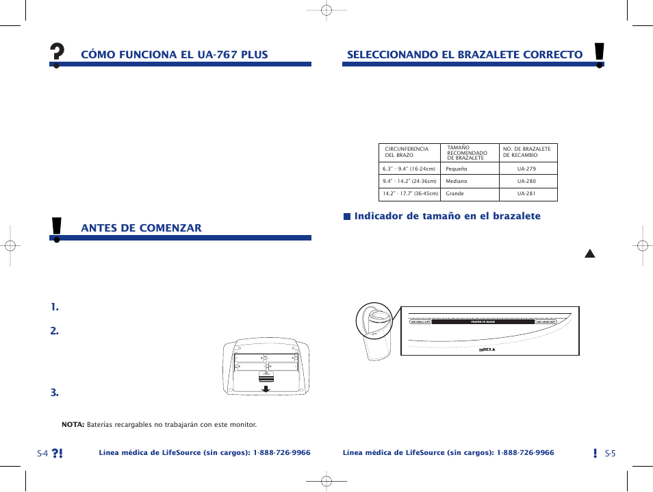 Cómo funciona el ua-767 plus, Antes de comenzar, Seleccionando el brazalete correcto | Ind ex | A&D Life Source Blood Pressure Monitor UA-767 Plus User Manual | Page 31 / 43