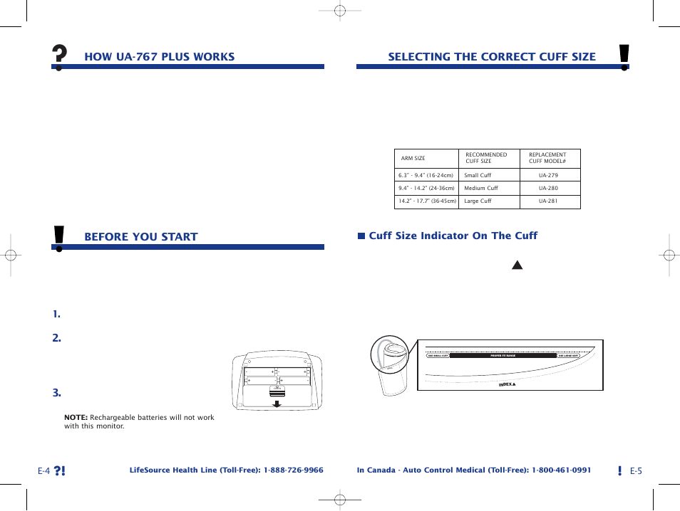 How ua-767 plus works, Before you start, Selecting the correct cuff size | Ind ex | A&D Life Source Blood Pressure Monitor UA-767 Plus User Manual | Page 5 / 43