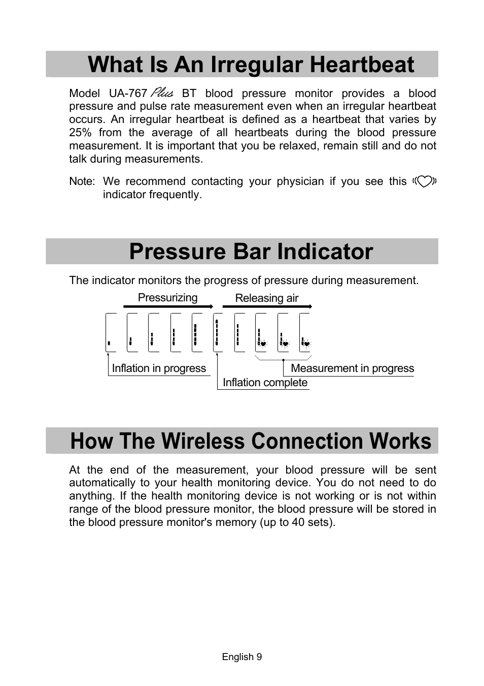 What is an irregular heartbeat, Pressure bar indicator, How the wireless connection works | A&D A & D Digital Blood Pressure Monitor UA-767 Plus BT User Manual | Page 11 / 14