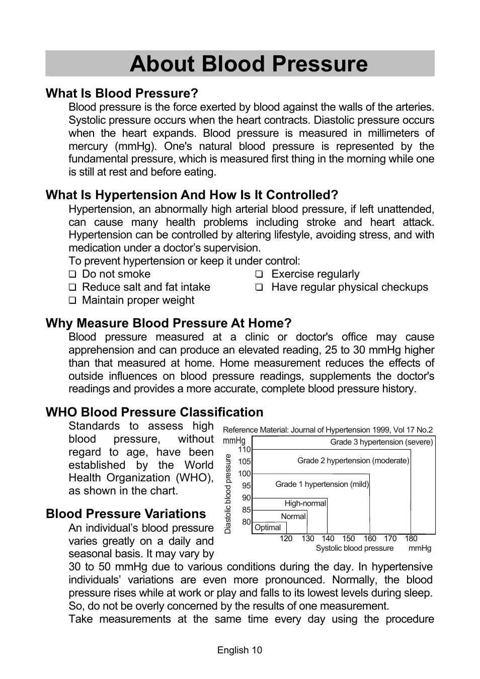 About blood pressure, What is blood pressure, What is hypertension and how is it controlled | Why measure blood pressure at home, Who blood pressure classification, Blood pressure variations | A&D A & D Digital Blood Pressure Monitor UA-767 Plus BT User Manual | Page 12 / 14