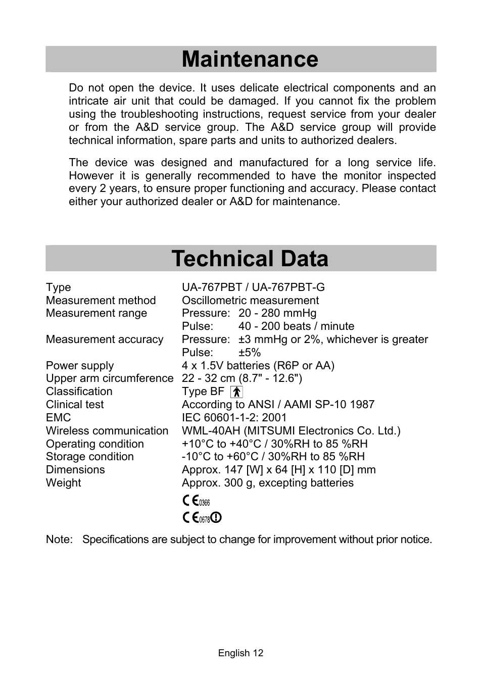 Maintenance, Technical data | A&D A & D Digital Blood Pressure Monitor UA-767 Plus BT User Manual | Page 14 / 14
