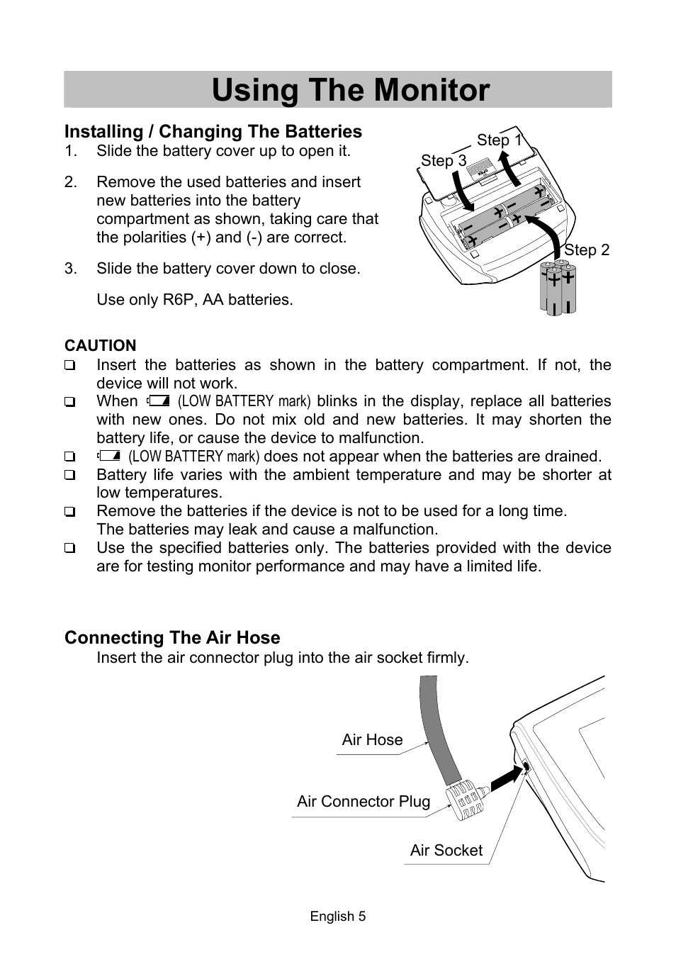 Using the monitor, Installing / changing the batteries, Connecting the air hose | A&D A & D Digital Blood Pressure Monitor UA-767 Plus BT User Manual | Page 7 / 14