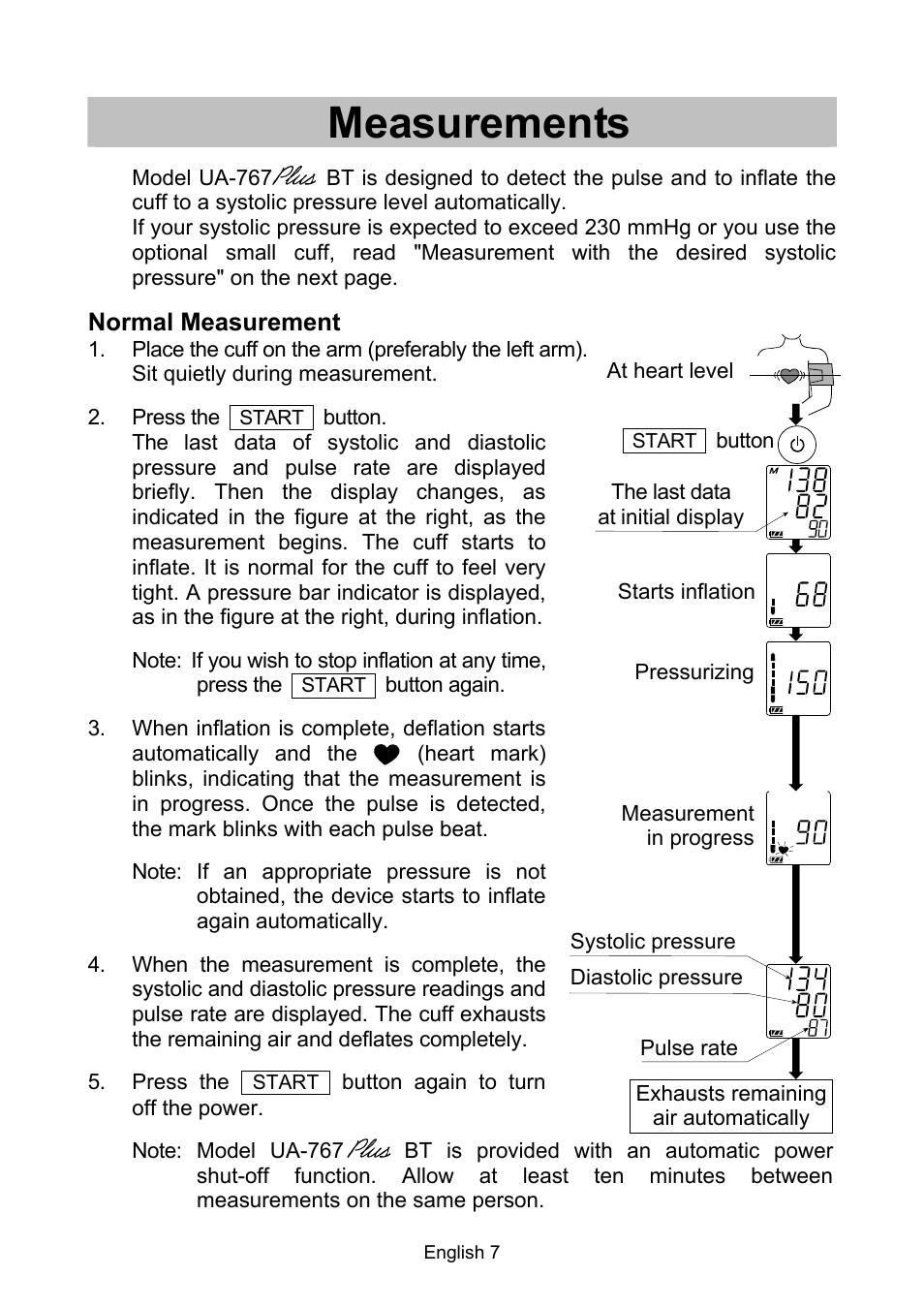 Measurements, Normal measurement | A&D A & D Digital Blood Pressure Monitor UA-767 Plus BT User Manual | Page 9 / 14