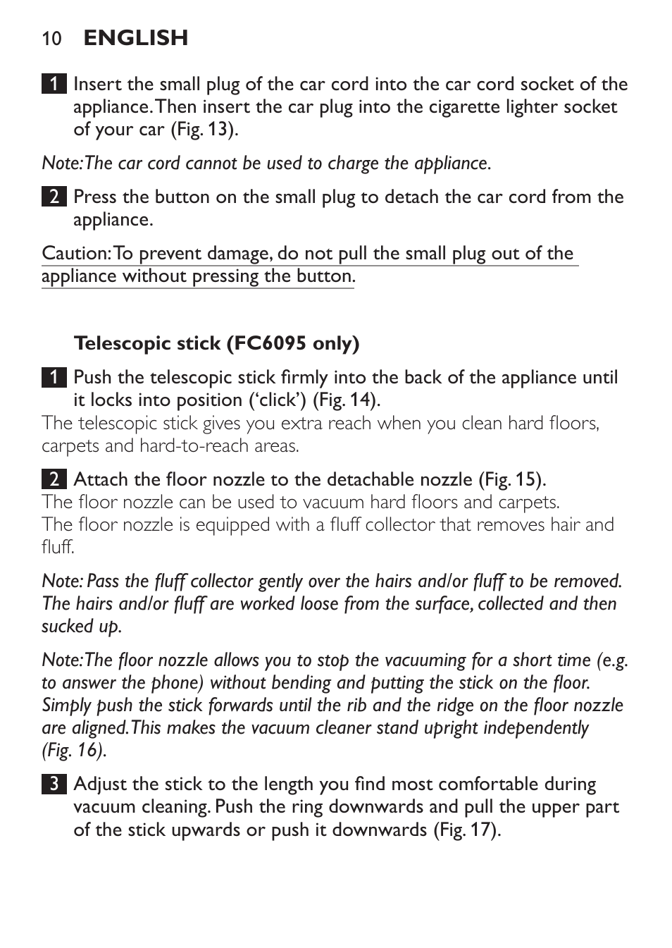 Car cord (fc6092 only), Telescopic stick (fc6094 only) | Philips MiniVac Handstaubsauger User Manual | Page 10 / 124