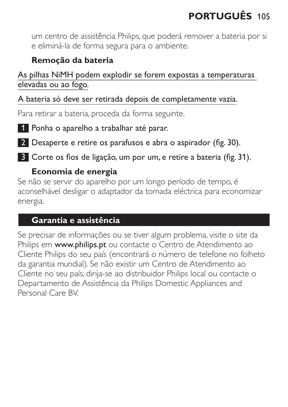 Remoção da bateria, Economia de energia, Garantia e assistência | Philips MiniVac Handstaubsauger User Manual | Page 105 / 124
