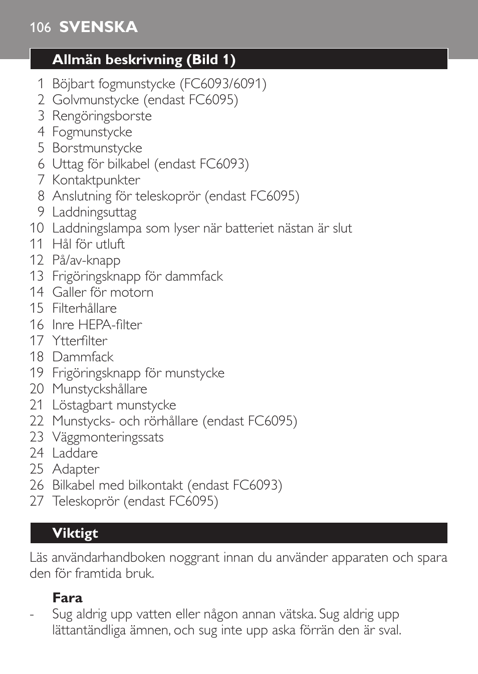 Fara, Svenska, Allmän beskrivning (bild 1) | Viktigt | Philips MiniVac Handstaubsauger User Manual | Page 106 / 124