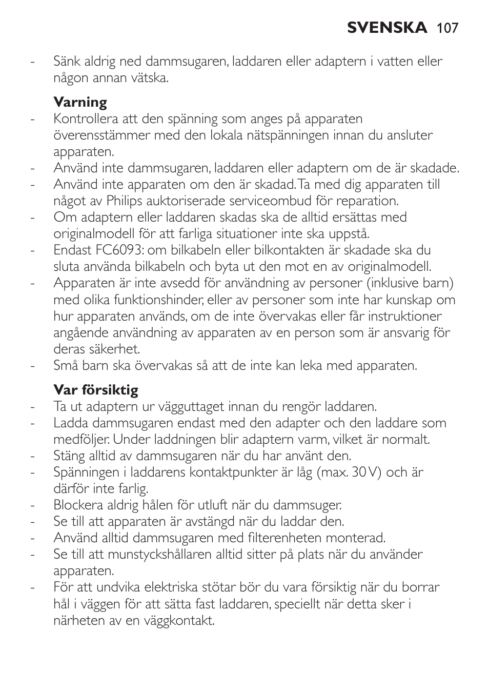 Varning, Var försiktig | Philips MiniVac Handstaubsauger User Manual | Page 107 / 124
