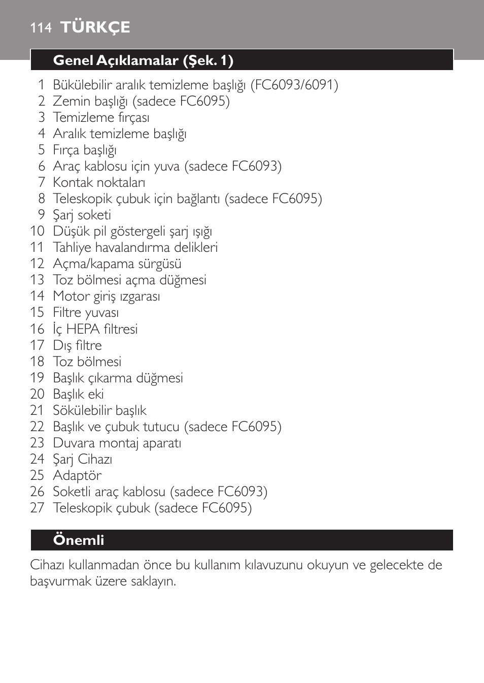 Türkçe, Genel açıklamalar (şek. 1), Önemli | Philips MiniVac Handstaubsauger User Manual | Page 114 / 124