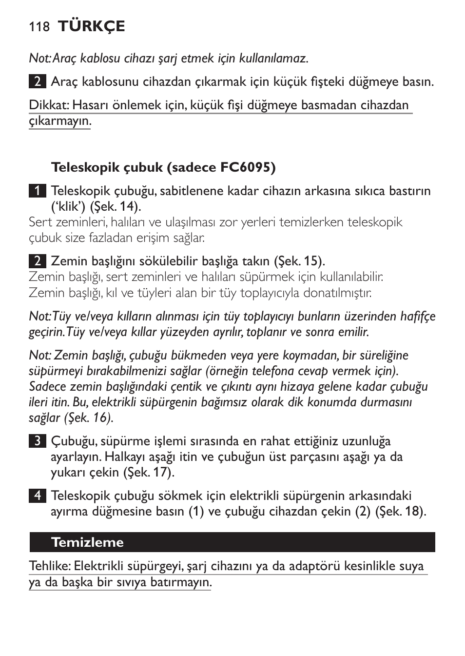 Teleskopik çubuk (sadece fc6094), Temizleme | Philips MiniVac Handstaubsauger User Manual | Page 118 / 124
