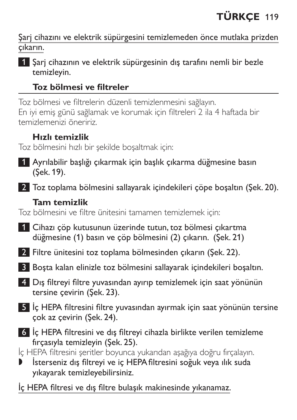 Toz bölmesi ve filtreler, Hızlı temizlik, Tam temizlik | Philips MiniVac Handstaubsauger User Manual | Page 119 / 124