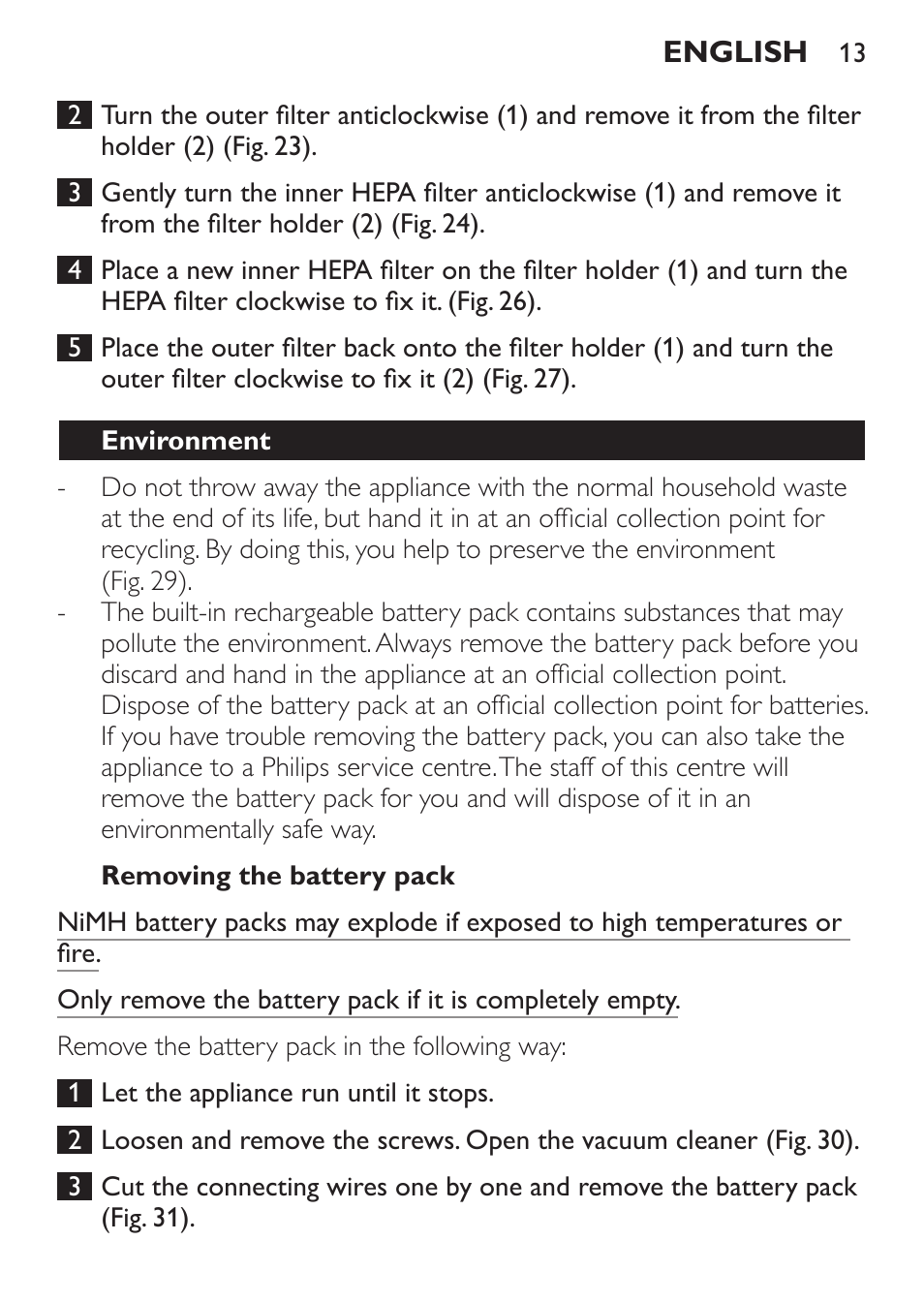 Removing the battery pack, Replacement, Environment | Philips MiniVac Handstaubsauger User Manual | Page 13 / 124