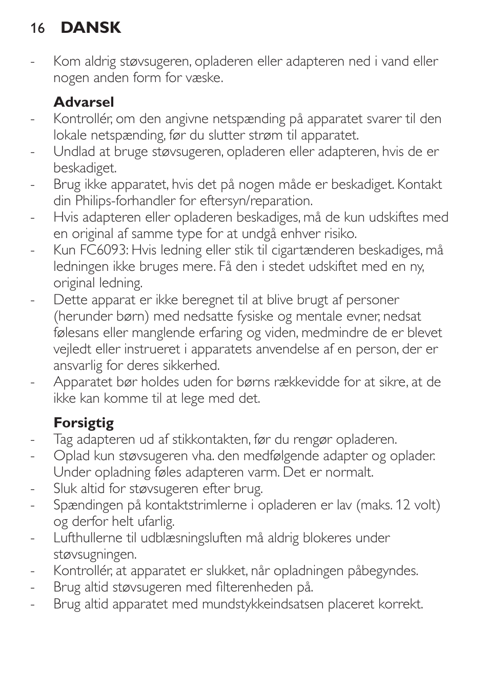 Advarsel, Forsigtig | Philips MiniVac Handstaubsauger User Manual | Page 16 / 124