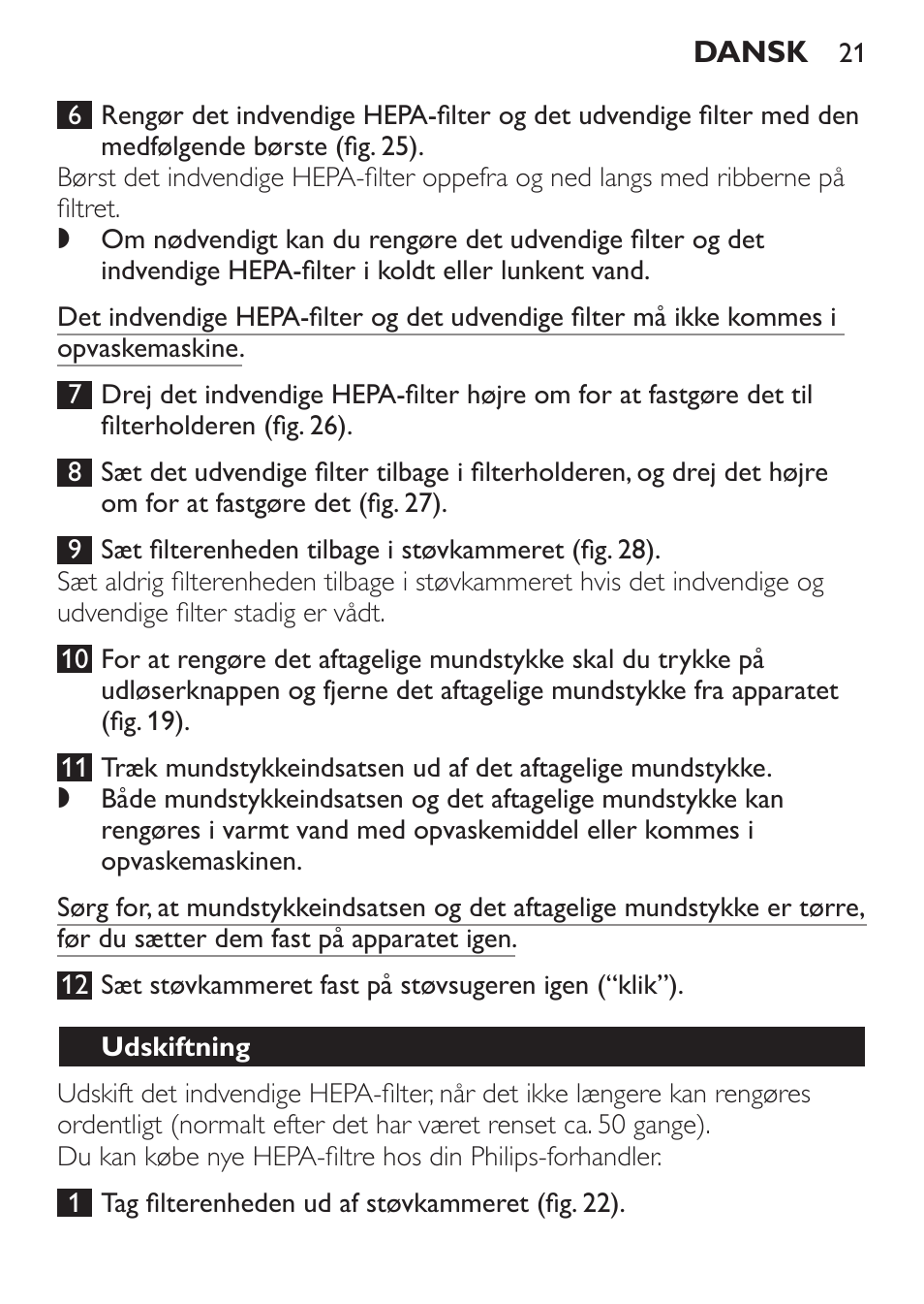 Udskiftning | Philips MiniVac Handstaubsauger User Manual | Page 21 / 124