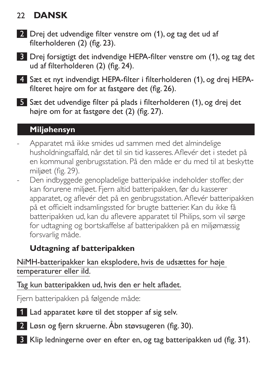 Udtagning af batteripakken, Miljøhensyn | Philips MiniVac Handstaubsauger User Manual | Page 22 / 124