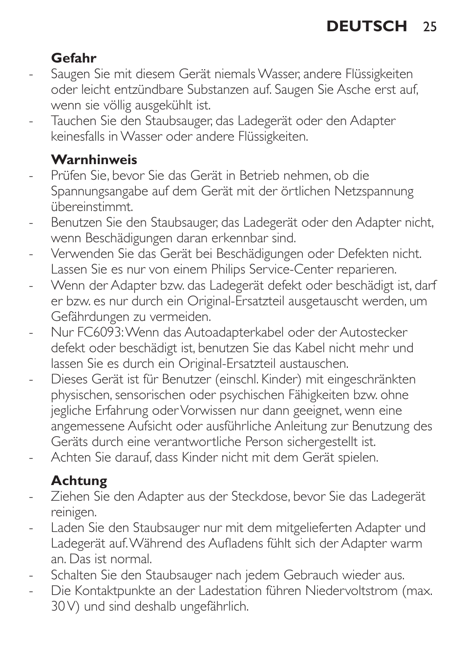 Gefahr, Warnhinweis, Achtung | Philips MiniVac Handstaubsauger User Manual | Page 25 / 124