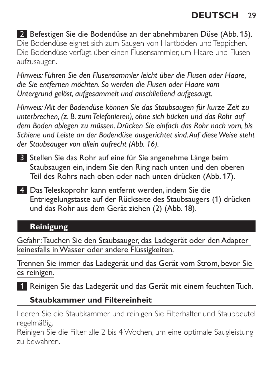 Reinigung, Staubkammer und filtereinheit | Philips MiniVac Handstaubsauger User Manual | Page 29 / 124