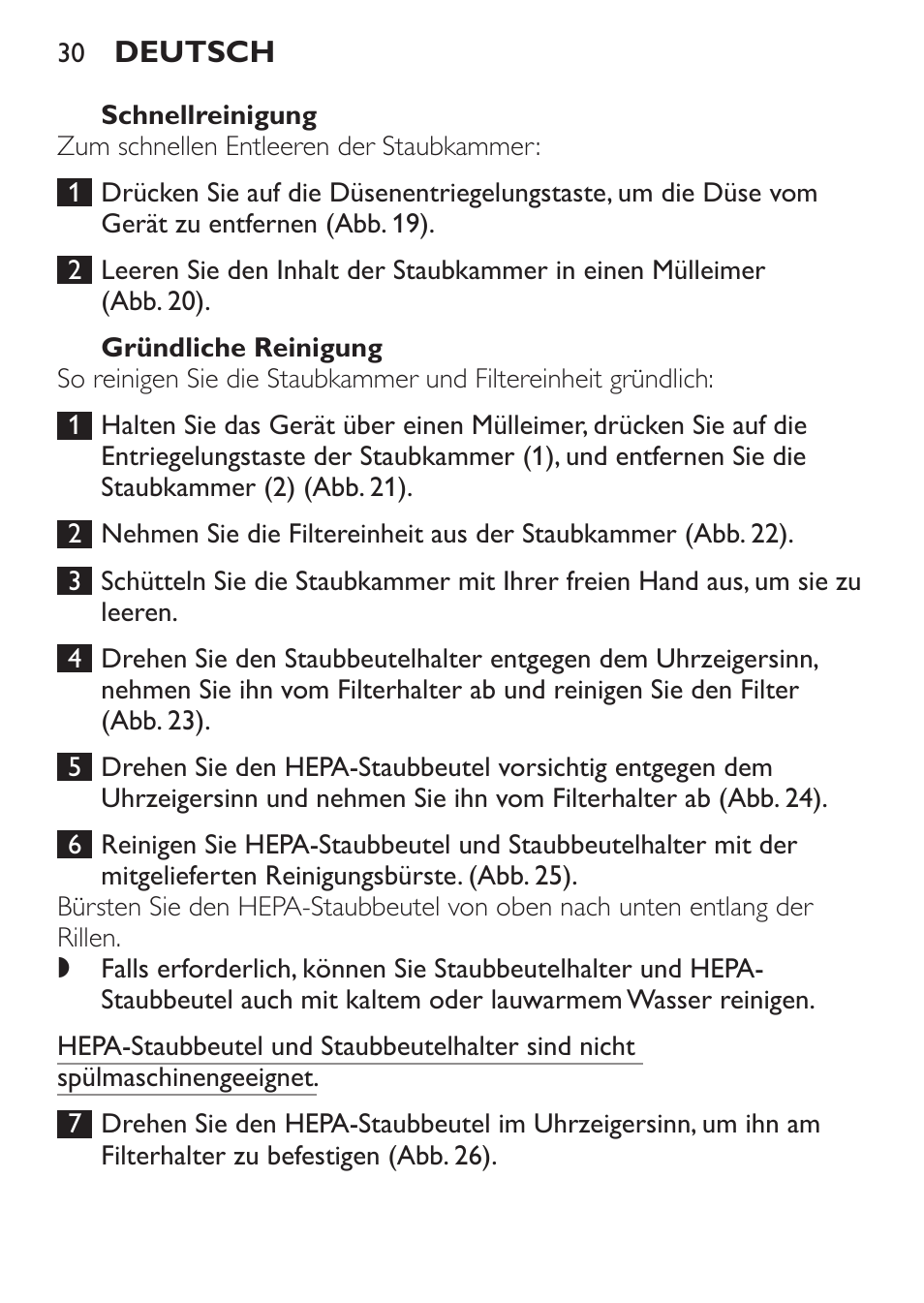 Schnellreinigung, Gründliche reinigung | Philips MiniVac Handstaubsauger User Manual | Page 30 / 124