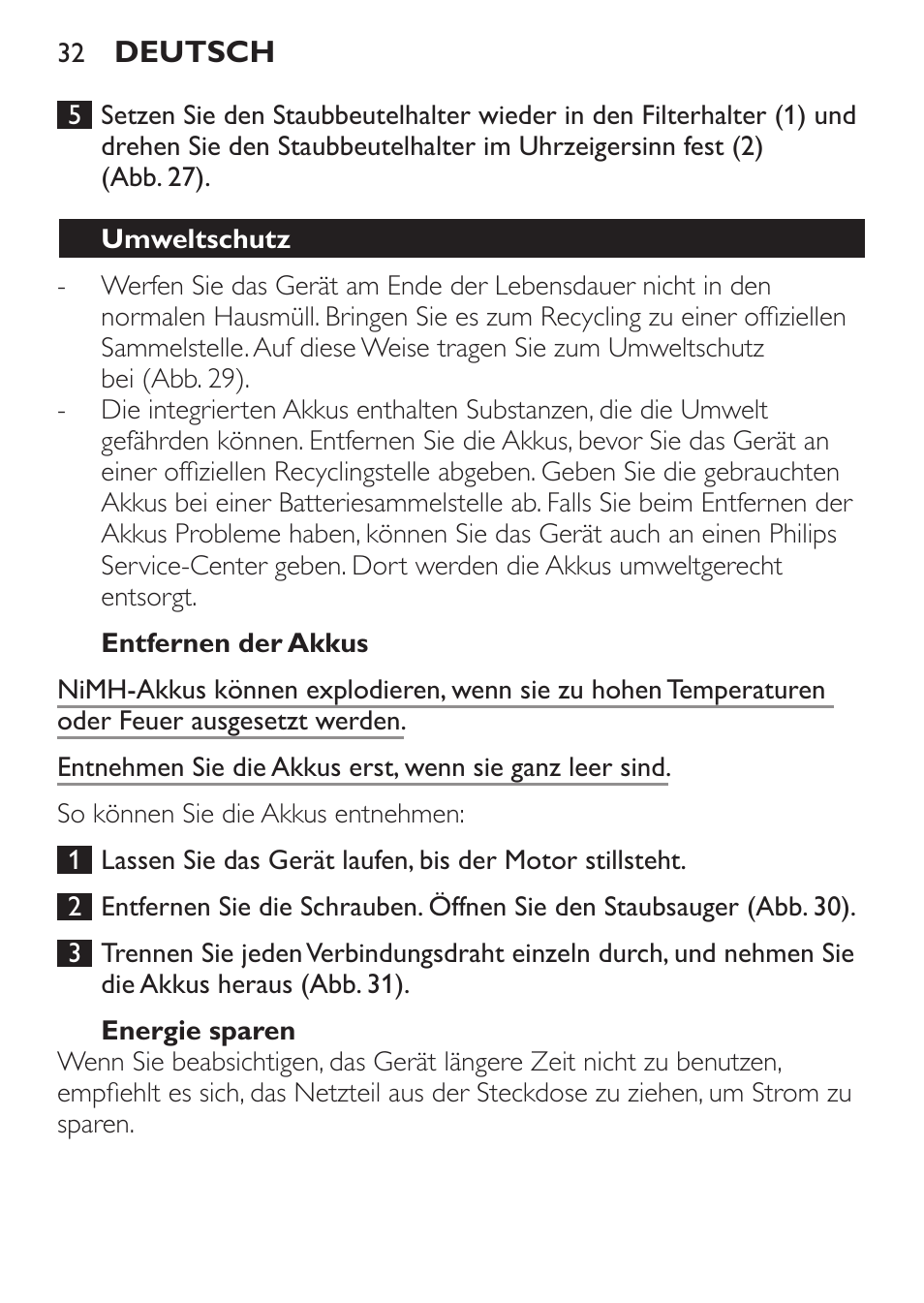 Entfernen der akkus, Energie sparen, Umweltschutz | Philips MiniVac Handstaubsauger User Manual | Page 32 / 124