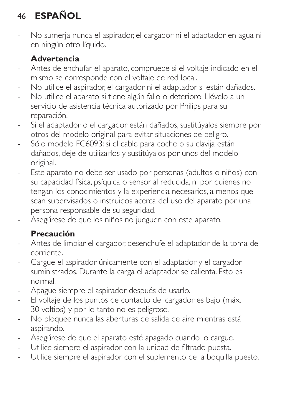 Advertencia, Precaución | Philips MiniVac Handstaubsauger User Manual | Page 46 / 124