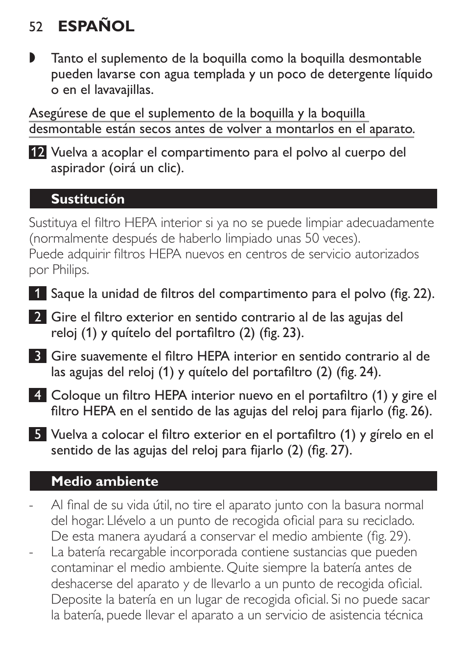 Sustitución, Medio ambiente | Philips MiniVac Handstaubsauger User Manual | Page 52 / 124