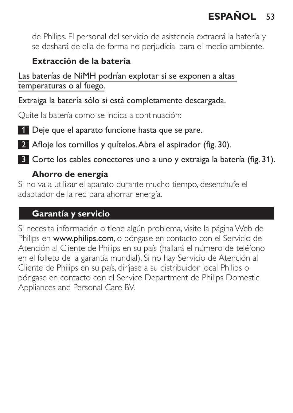Extracción de la batería, Ahorro de energía, Garantía y servicio | Philips MiniVac Handstaubsauger User Manual | Page 53 / 124