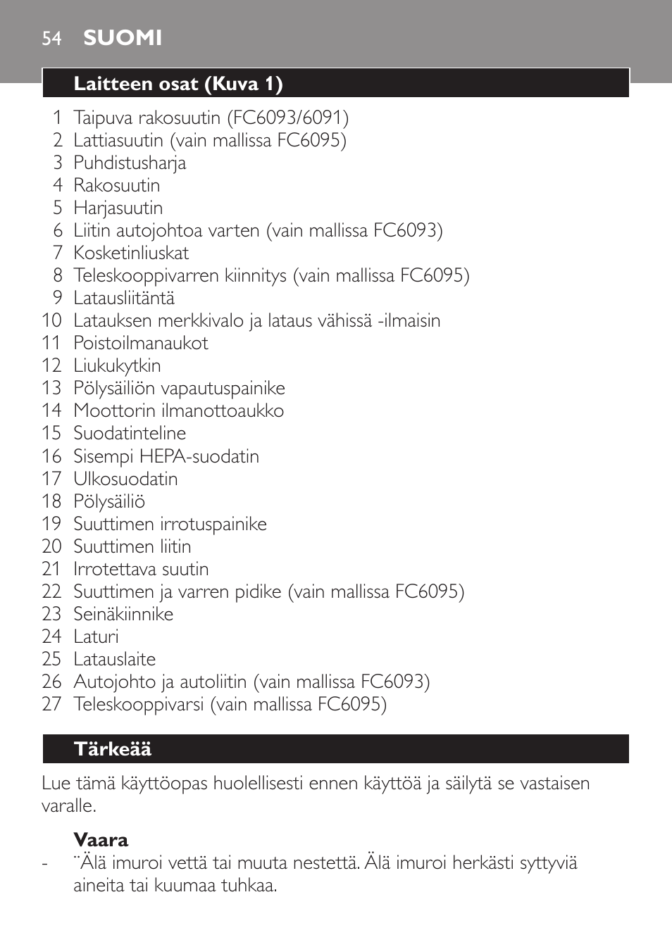 Vaara, Suomi, Laitteen osat (kuva 1) | Tärkeää | Philips MiniVac Handstaubsauger User Manual | Page 54 / 124