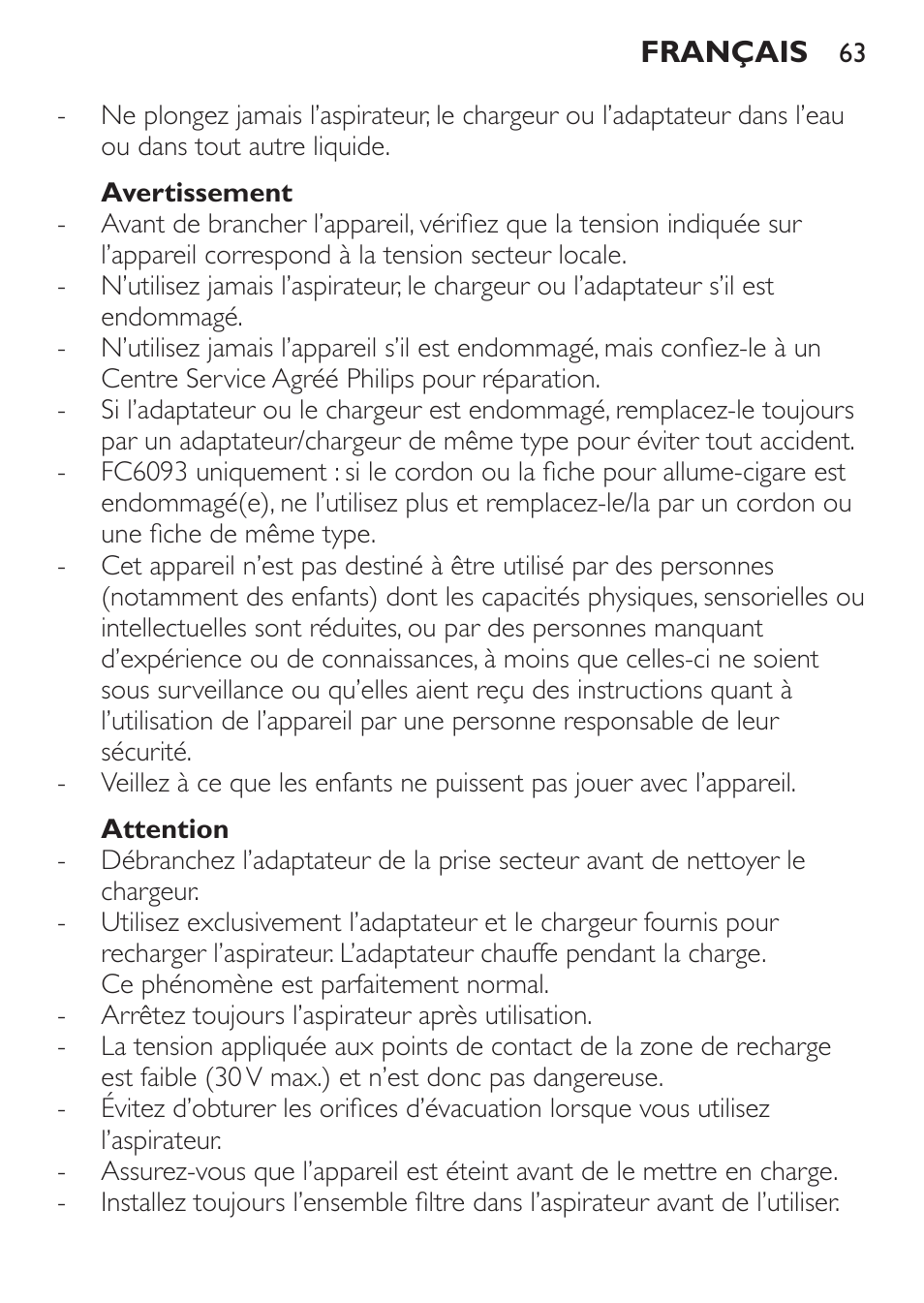 Avertissement, Attention | Philips MiniVac Handstaubsauger User Manual | Page 63 / 124