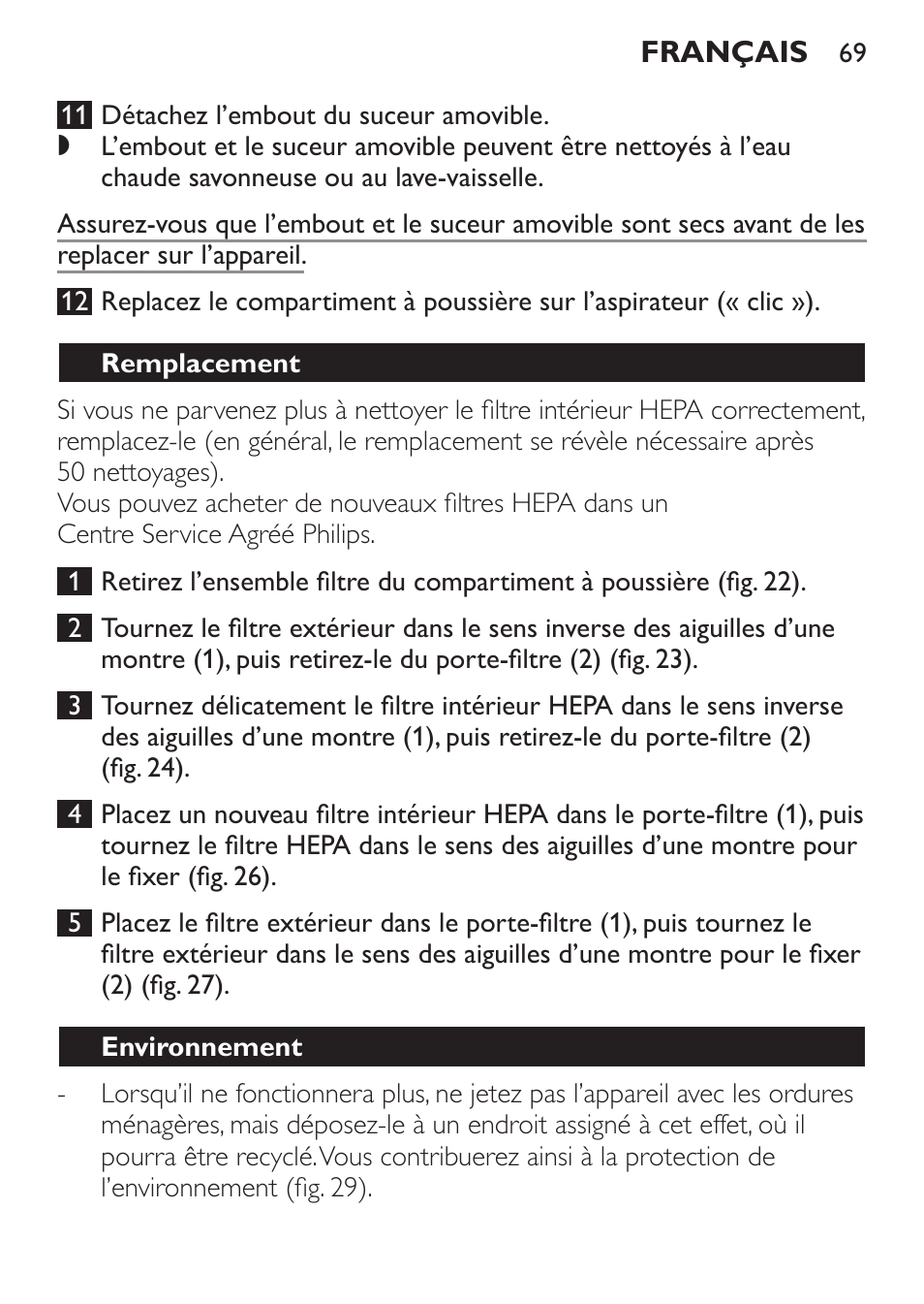 Remplacement, Environnement | Philips MiniVac Handstaubsauger User Manual | Page 69 / 124