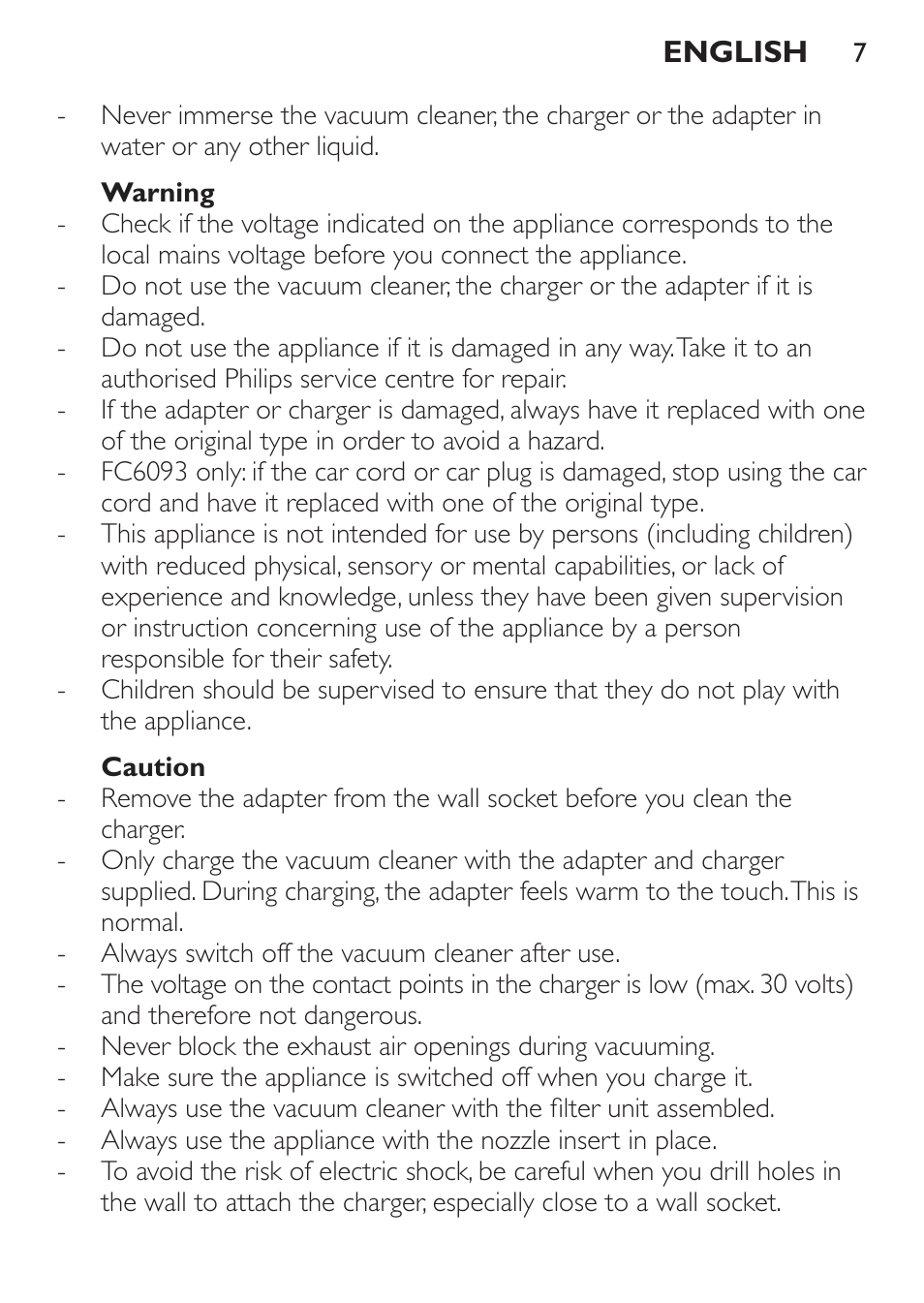 Warning, Caution | Philips MiniVac Handstaubsauger User Manual | Page 7 / 124