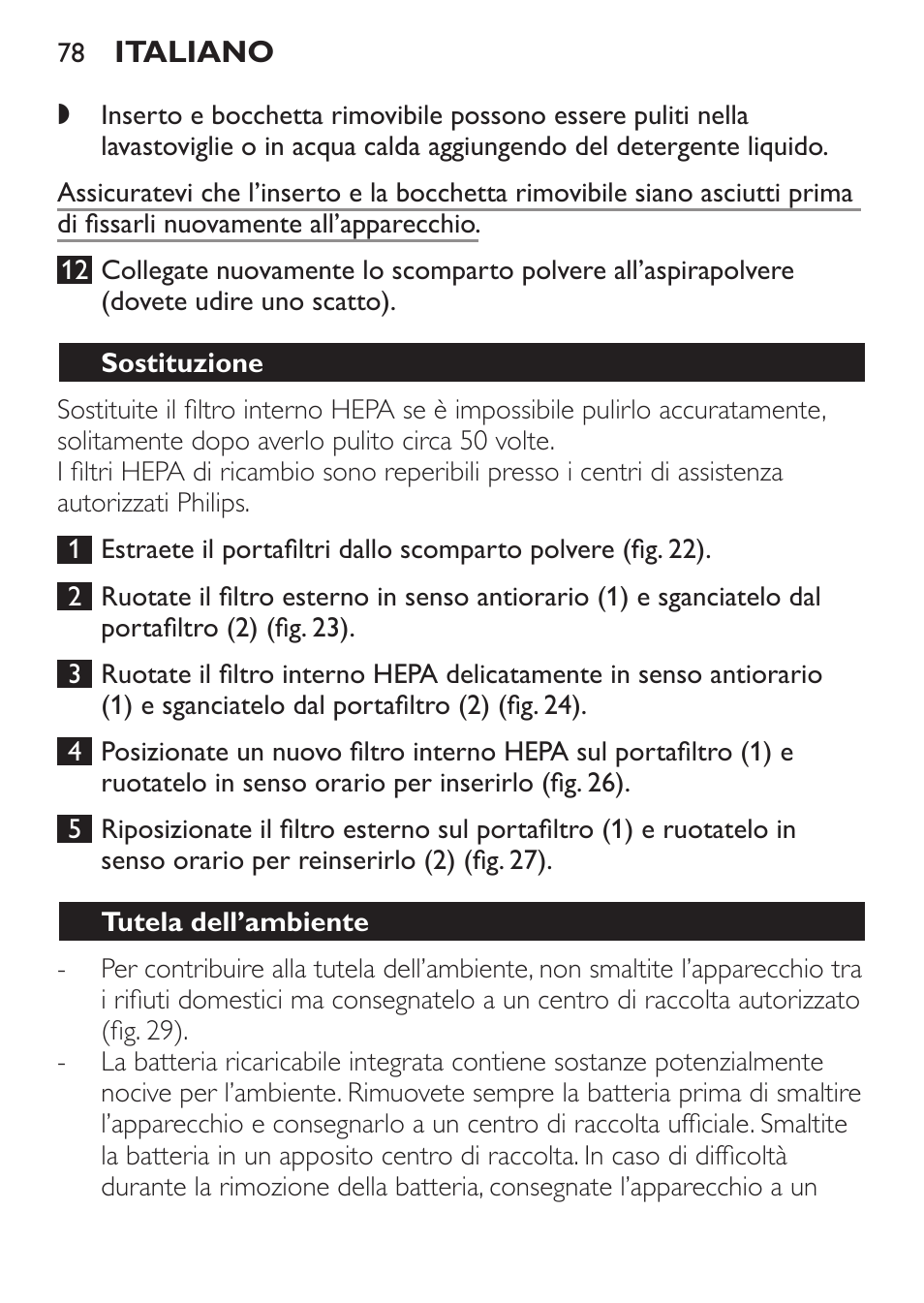 Sostituzione, Tutela dell’ambiente | Philips MiniVac Handstaubsauger User Manual | Page 78 / 124
