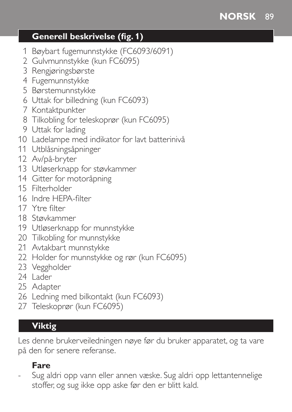 Fare, Norsk, Generell beskrivelse (fig. 1) | Viktig | Philips MiniVac Handstaubsauger User Manual | Page 89 / 124