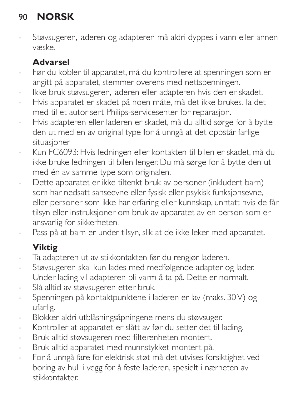 Advarsel, Viktig | Philips MiniVac Handstaubsauger User Manual | Page 90 / 124