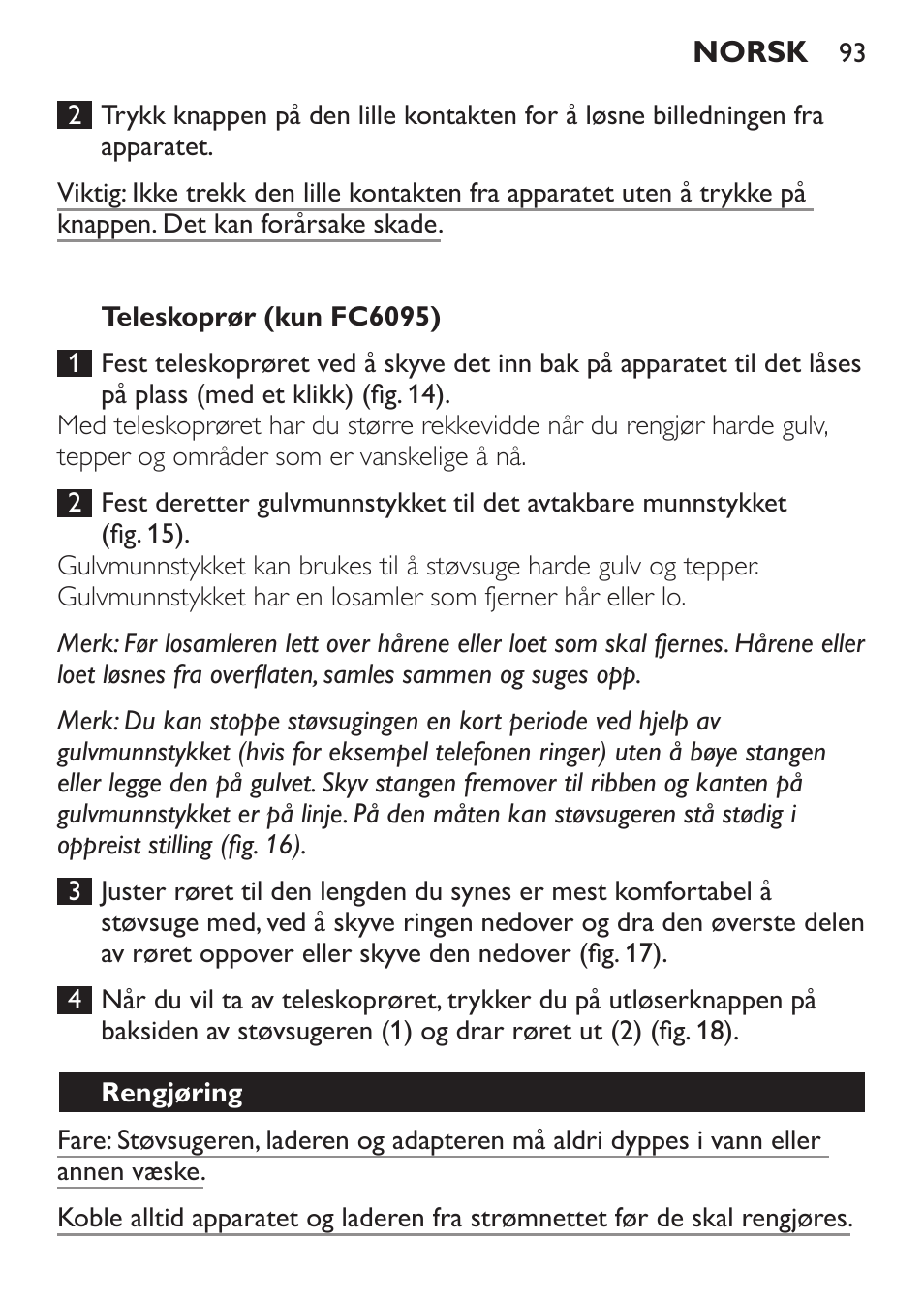 Teleskoprør (kun fc6094), Rengjøring | Philips MiniVac Handstaubsauger User Manual | Page 93 / 124