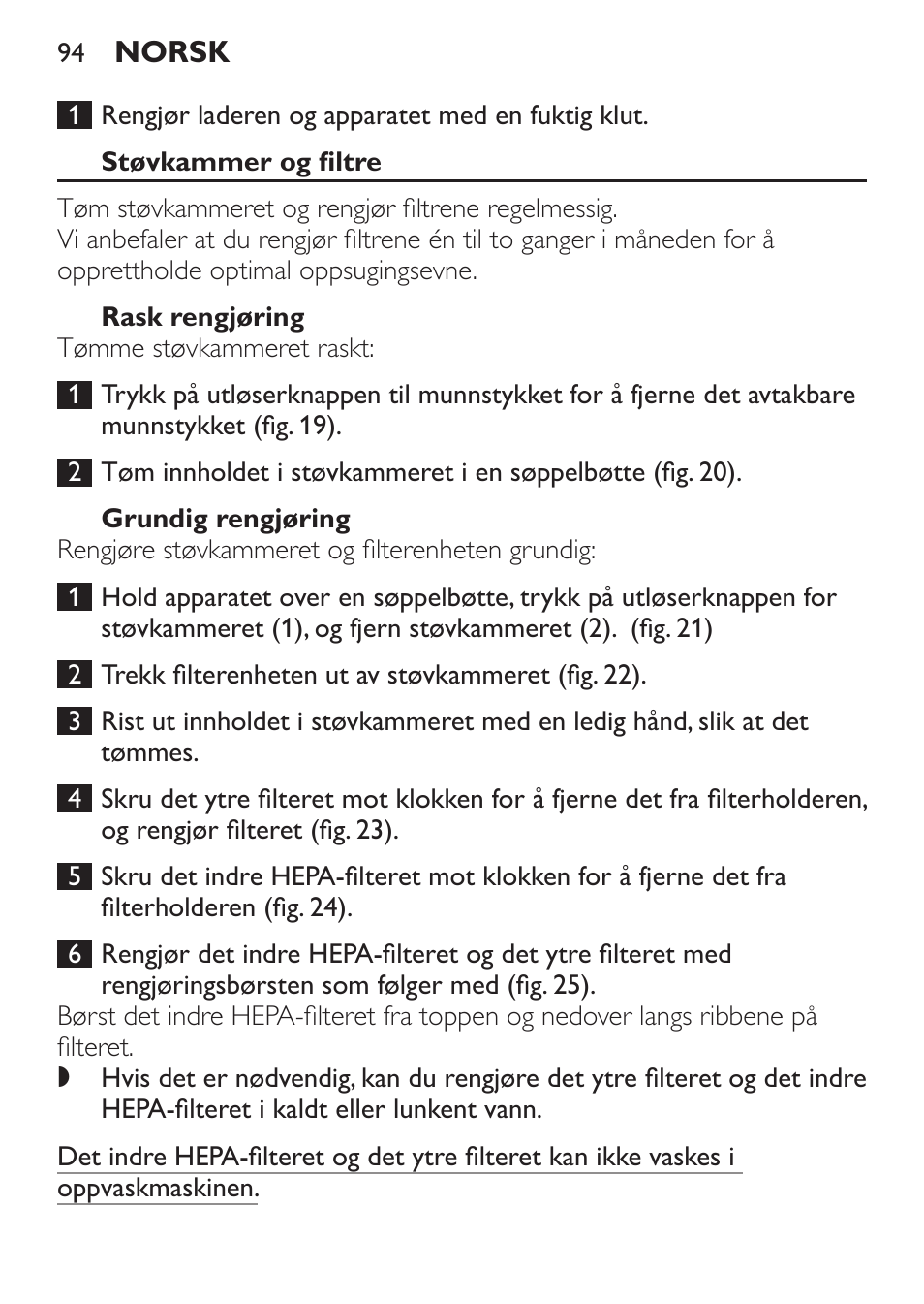 Støvkammer og filtre, Rask rengjøring, Grundig rengjøring | Philips MiniVac Handstaubsauger User Manual | Page 94 / 124