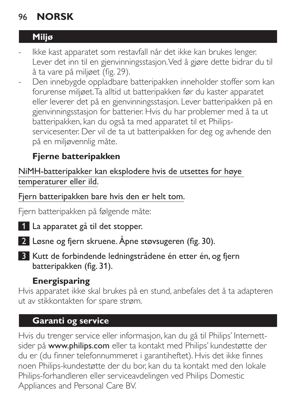 Fjerne batteripakken, Energisparing, Miljø | Philips MiniVac Handstaubsauger User Manual | Page 96 / 124