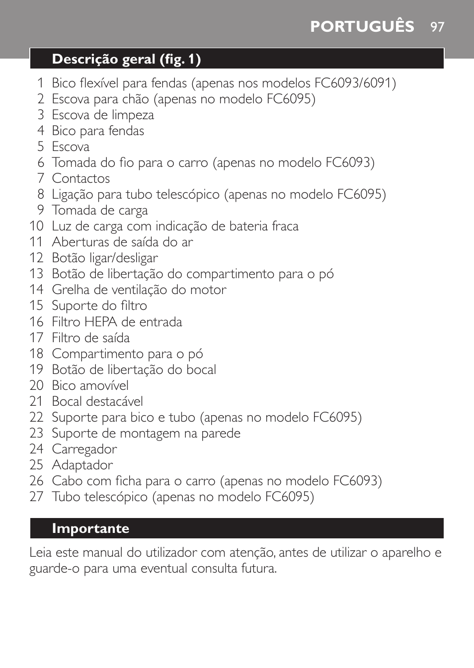 Português, Descrição geral (fig. 1), Importante | Philips MiniVac Handstaubsauger User Manual | Page 97 / 124