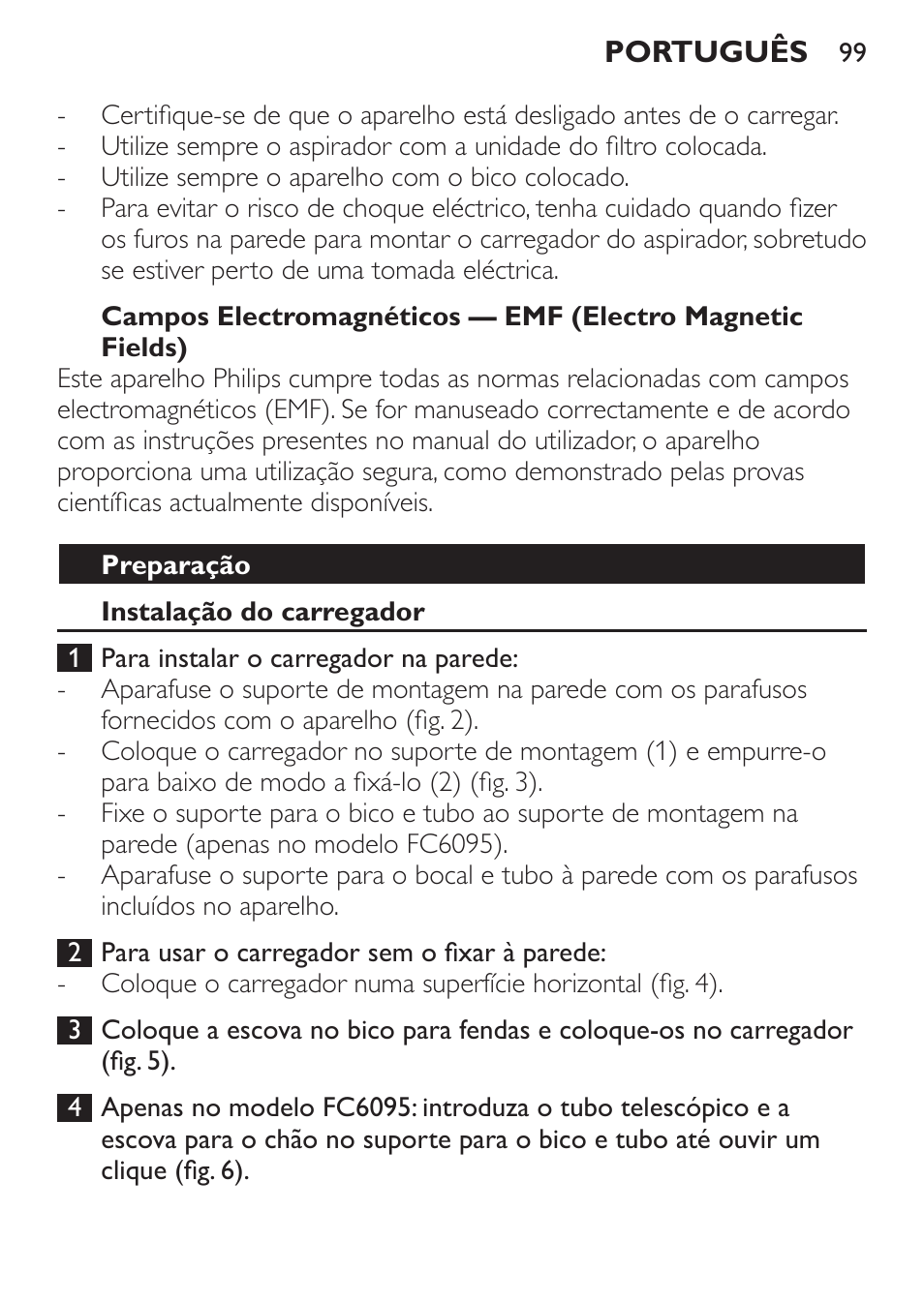 Preparação, Instalação do carregador | Philips MiniVac Handstaubsauger User Manual | Page 99 / 124