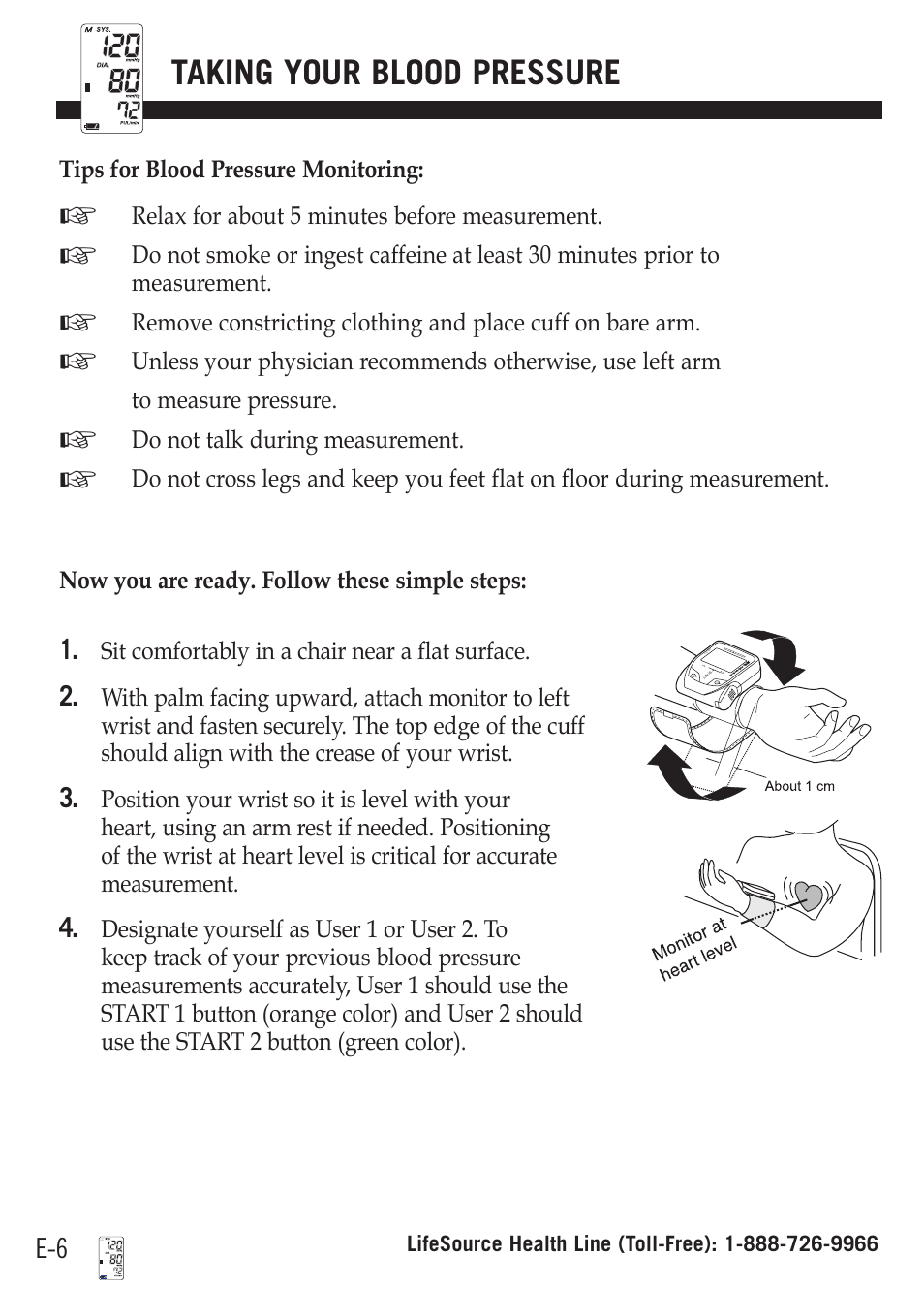 Taking your blood pressure | A&D Dual Memory Wrist Blood Pressure Monitor UB-512 User Manual | Page 10 / 23