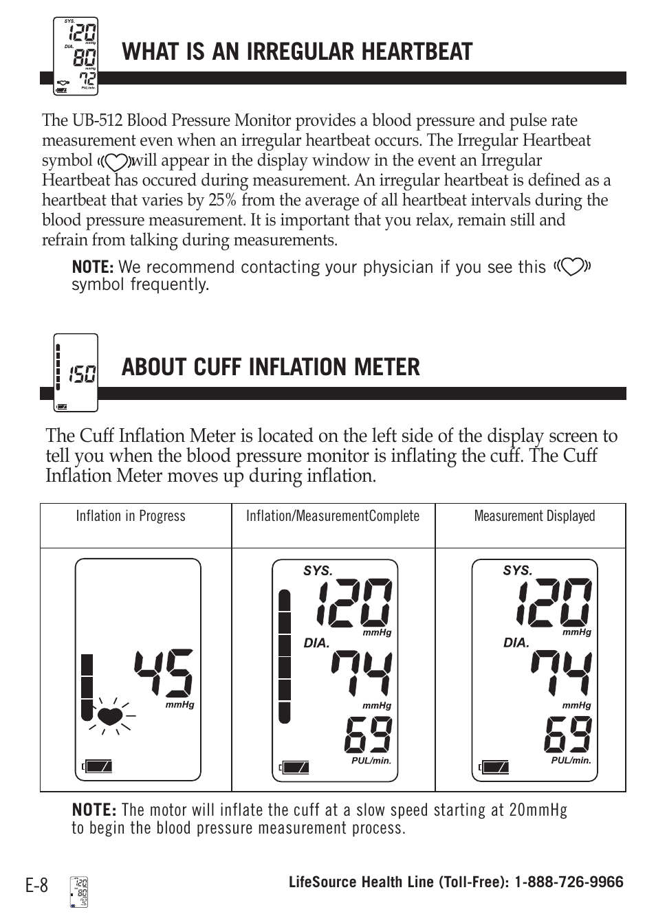 What is an irregular heartbeat, About cuff inflation meter, Err cuf p-3 | A&D Dual Memory Wrist Blood Pressure Monitor UB-512 User Manual | Page 12 / 23