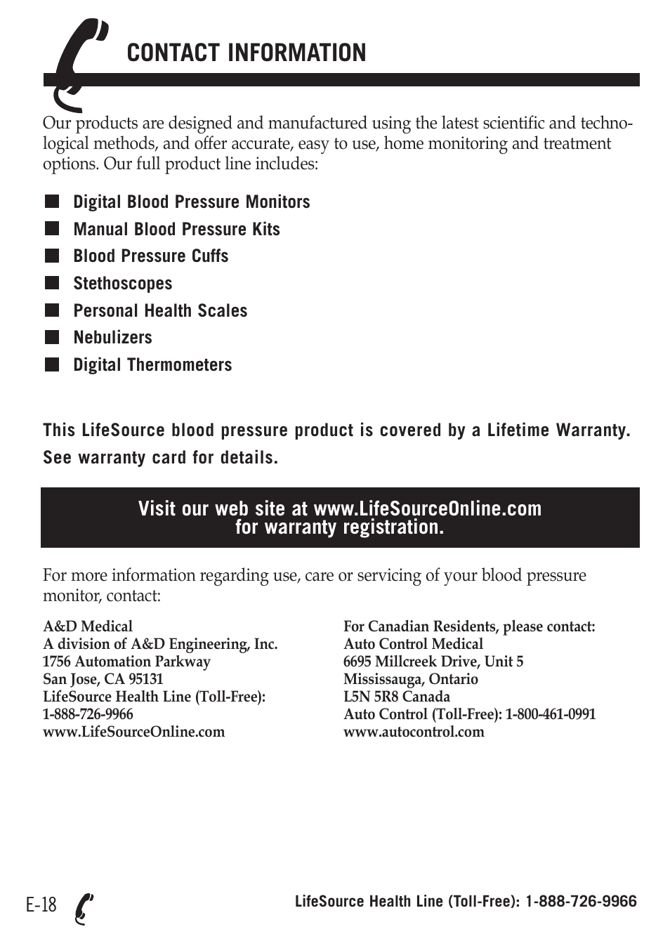 Contact information, E-18 | A&D Dual Memory Wrist Blood Pressure Monitor UB-512 User Manual | Page 22 / 23